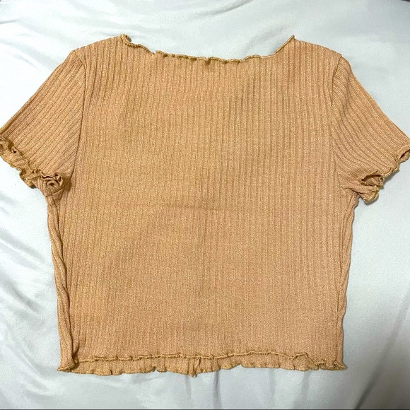 Solid Beige Button Front Stretch Body-con Fitted Plunge Short Sleeves Crop Top - Picture 2 of 6